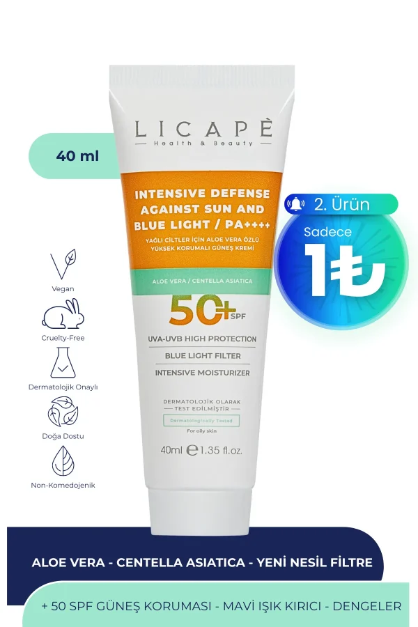 Licape Yağlı Ciltler İçin Aloe Vera Özlü Yüksek Korumalı +50 Faktör Güneş Kremi 40ml